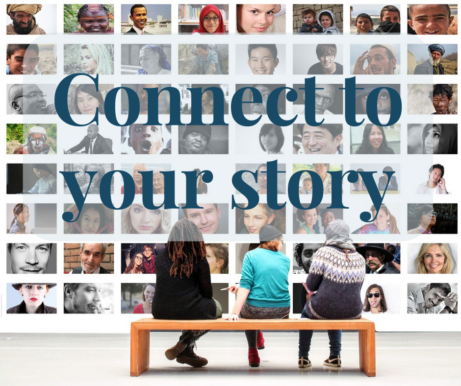 Three figures sit on a wooden bench facing away from the viewer, looking at rows of small faces 8 x 8 that fill the screen. These faces represent the many interconnecting and surprising elements of one person's story.  The text covering the image reads, connect to your story.